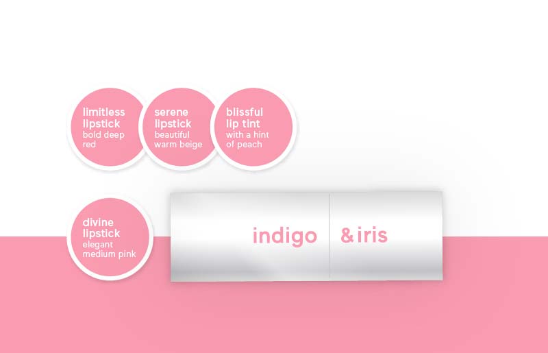 A lipstick tube with the ingigo and iris branding and a set of lipstick stickers