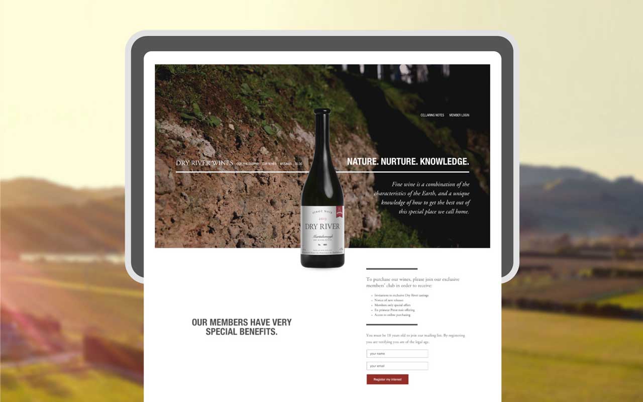 A screenshot of the Dry River Wines website as it was at launch in 2014
