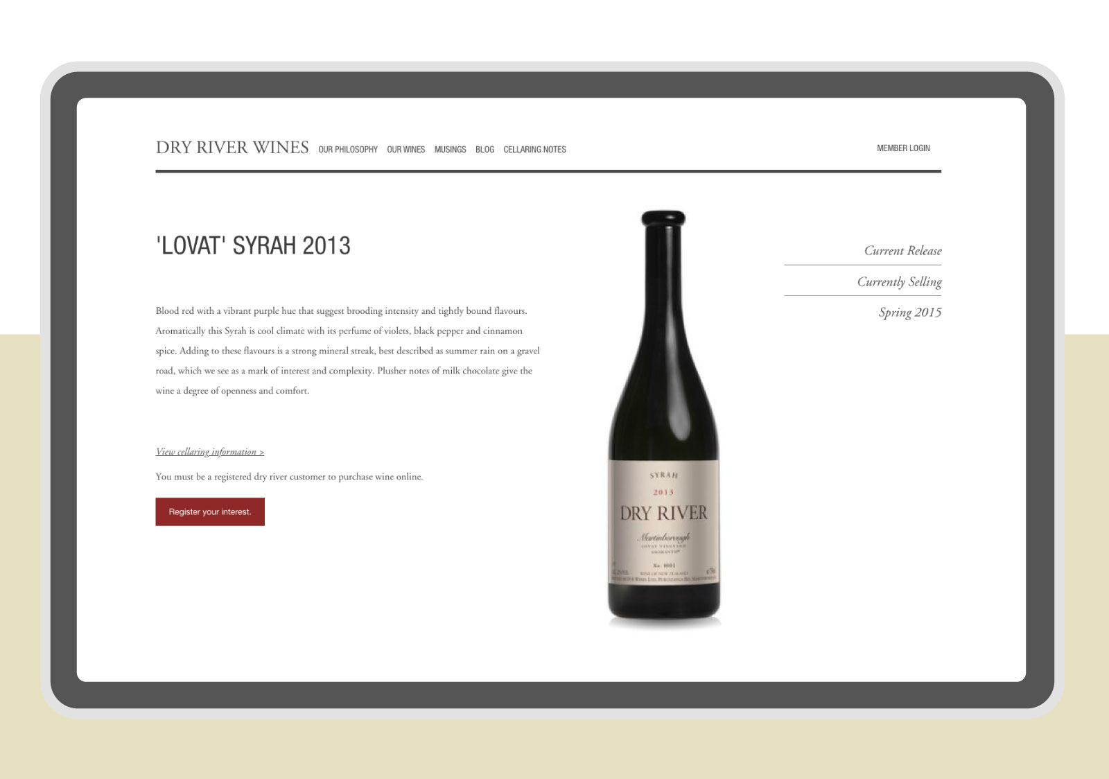 A screenshot of the product page showcasing a wine bottle and its description