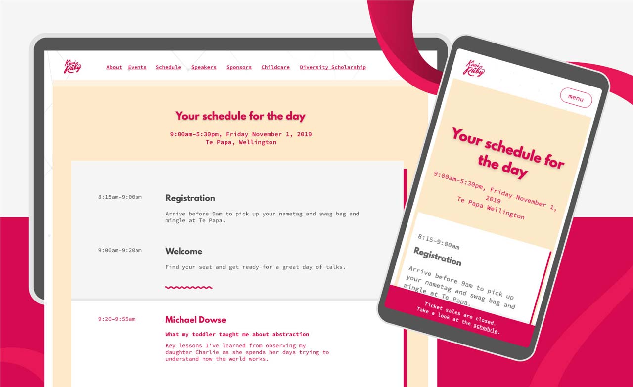 The web version of the Kiwi Ruby schedule on both desktop and mobile