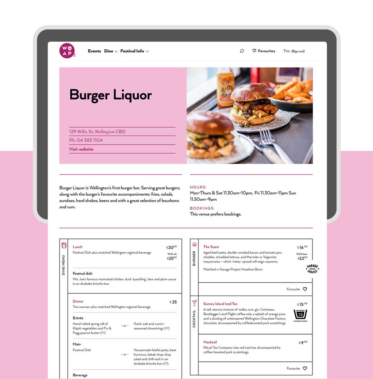 A screenshot of a venue page outlining the restaurant menu